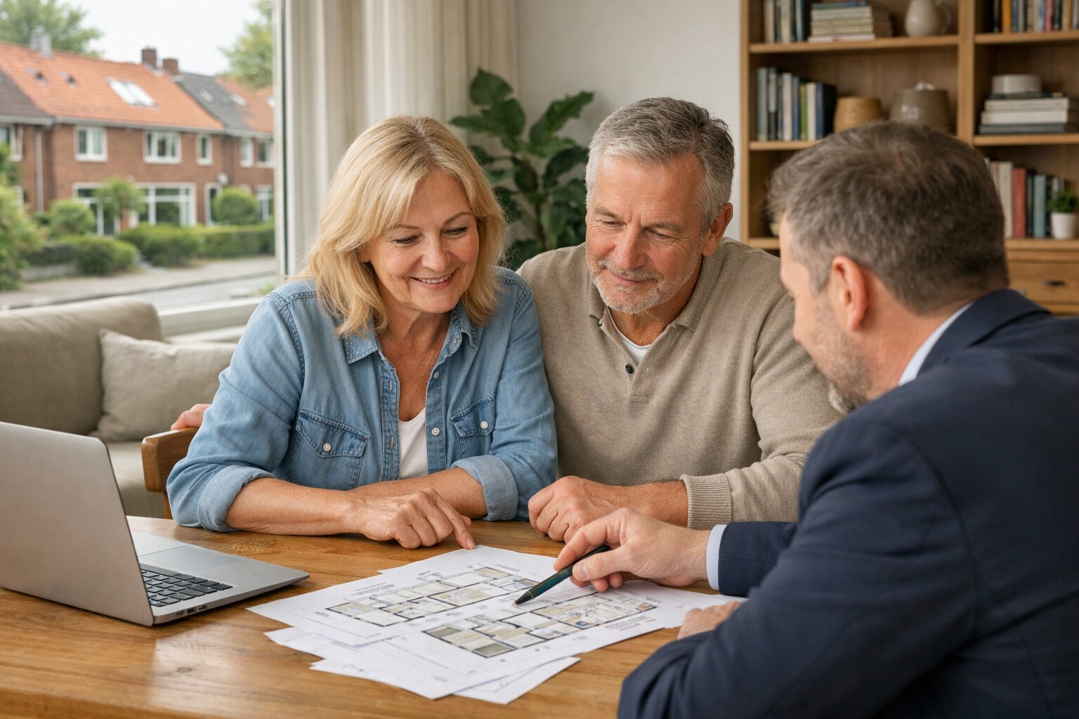 Blogfoto ouder stel 55 plus Stel van rond de 60 bespreekt kleiner wonen in Haarlem met makelaar