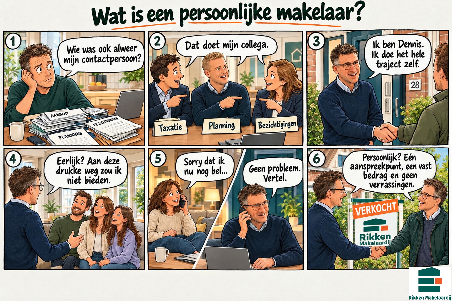 wat-is-een-persoonlijke-makelaar-strip Strip in zes plaatjes over wat een persoonlijke makelaar is: één aanspreekpunt, eerlijk advies en een vast bedrag